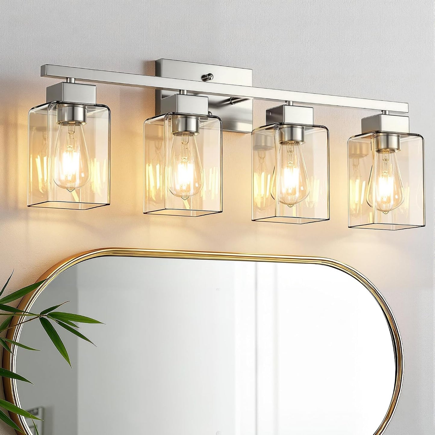 Lámpara baño 4 luces níquel cepillado aplique cuadrado vidrio