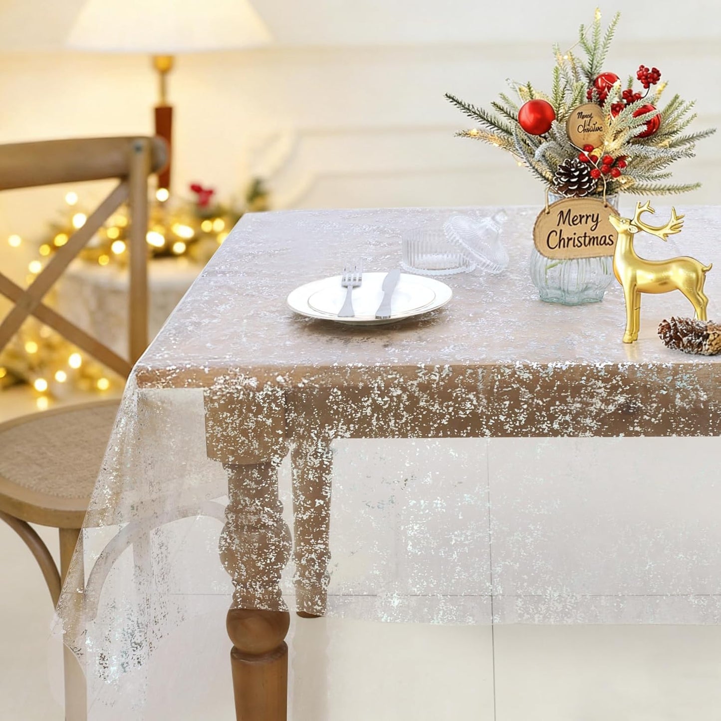 Mantel rectangular de gasa blanco 58 x 84 pulgadas con purpurina y lámina plateada