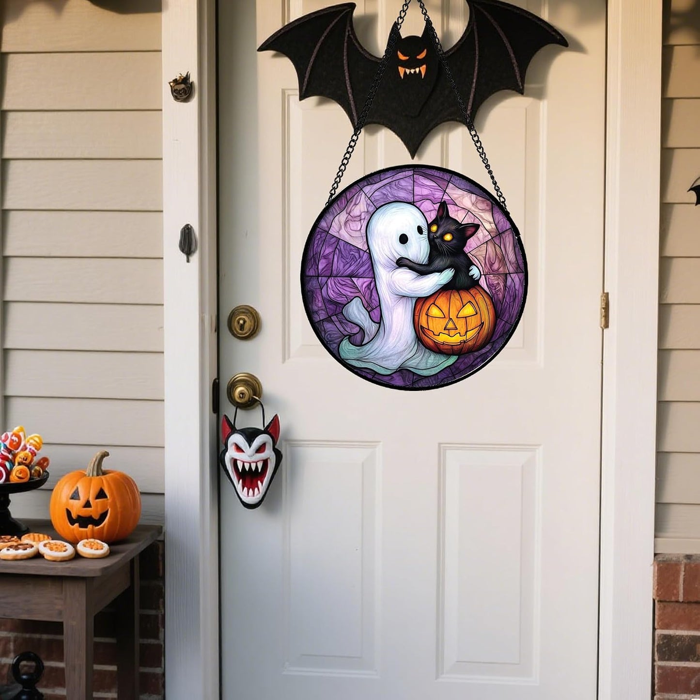 Colgante vitrales Halloween gato negro calabaza morado