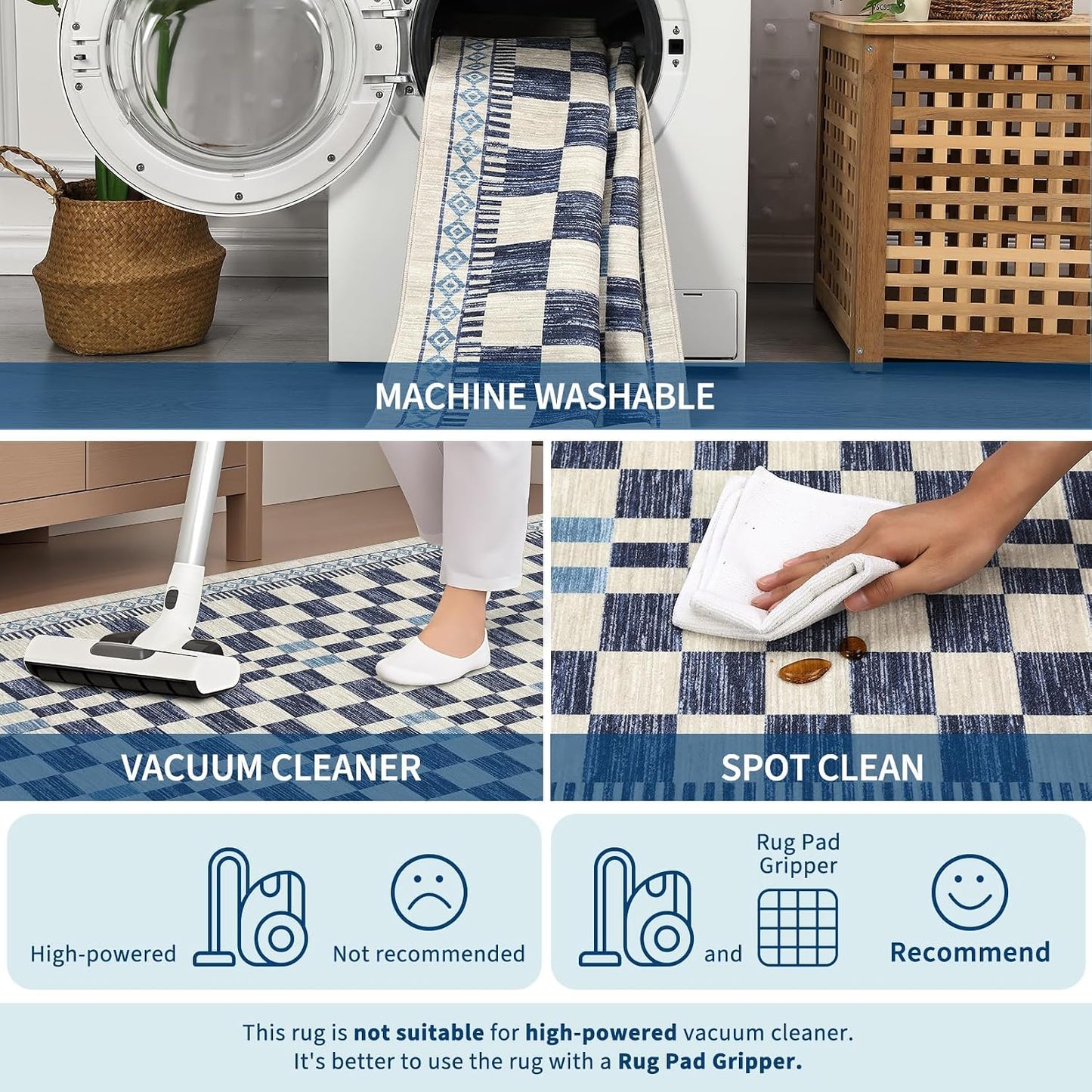 Alfombra 6x9 pulg moderna azul cuadros para dormitorio y sala