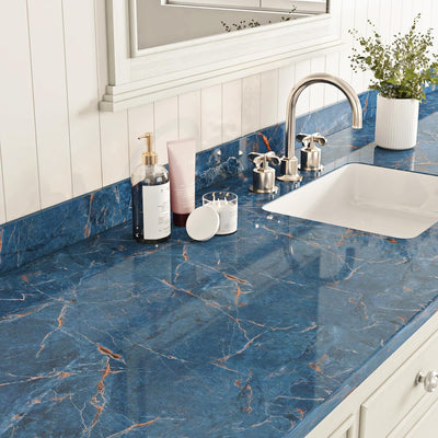 Papel Tapiz Adhesivo Mármol Brillante Impermeable Azul y Marrón