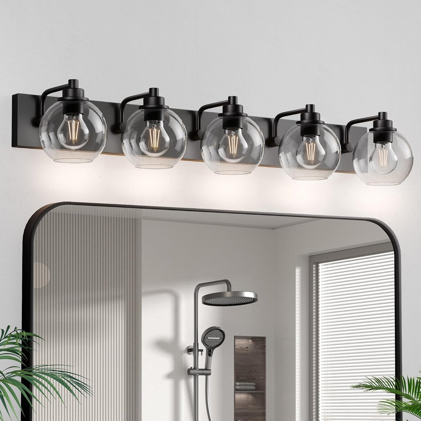 Lámpara baño 5 luces negro mate con pantalla vidrio transparente