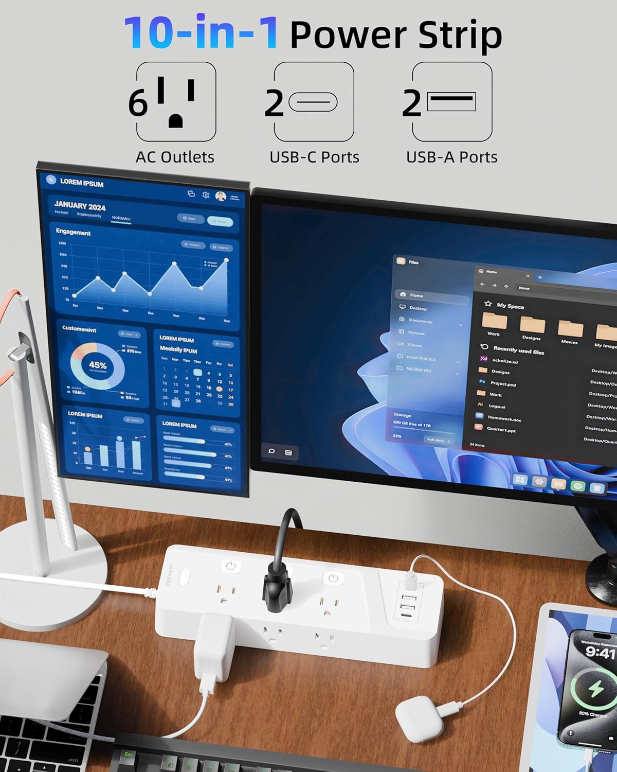 Regleta sobretensiones 6 tomas 4 puertos USB con cable 6ft