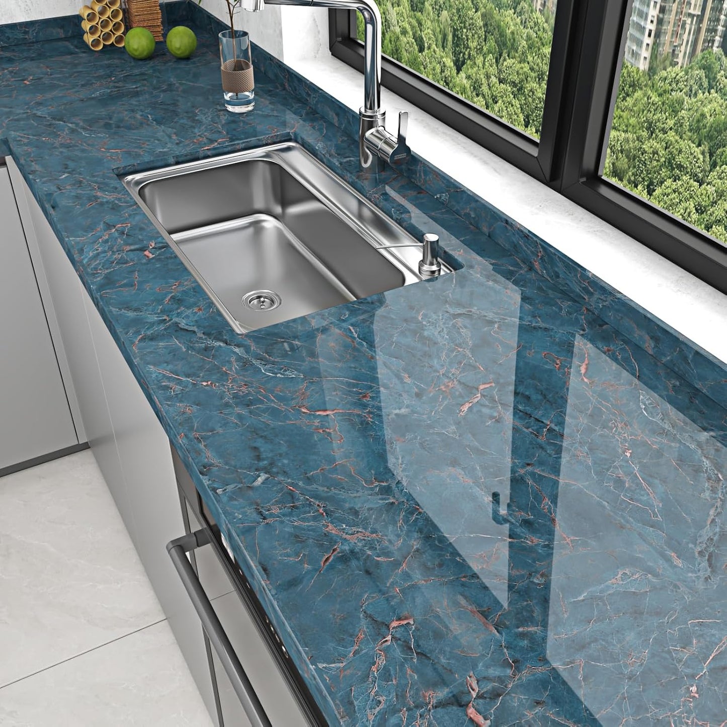 Papel tapiz mármol azul brillante autoadhesivo impermeable