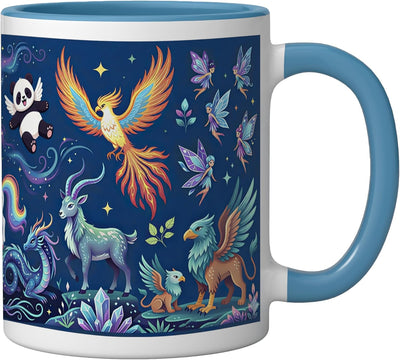 Taza mágica unicornio panda ciervo fae cerámica azul blanco