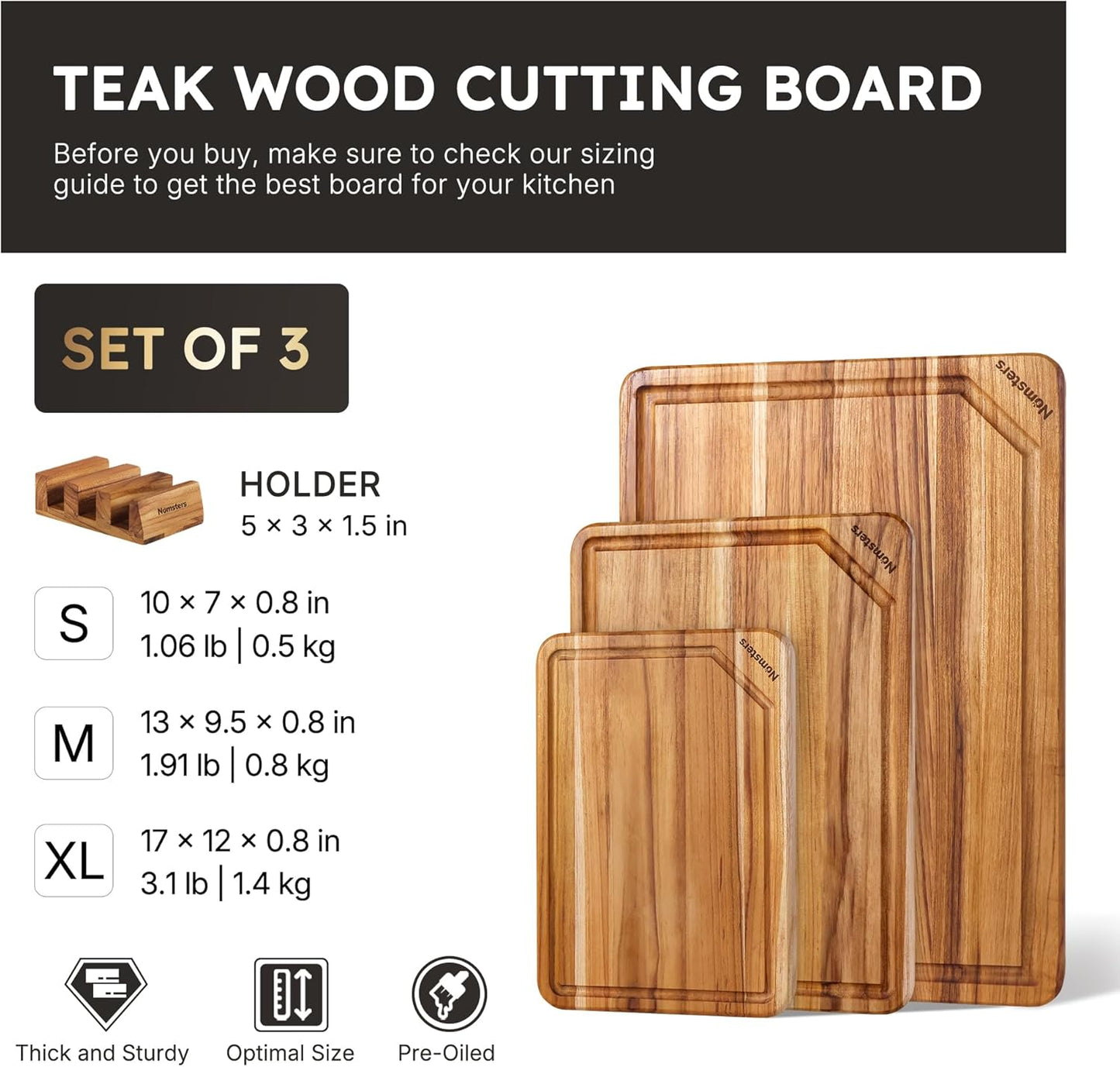 Set 3 Tablas Cortar Madera Teca Soporte Antiderrap Fregadero