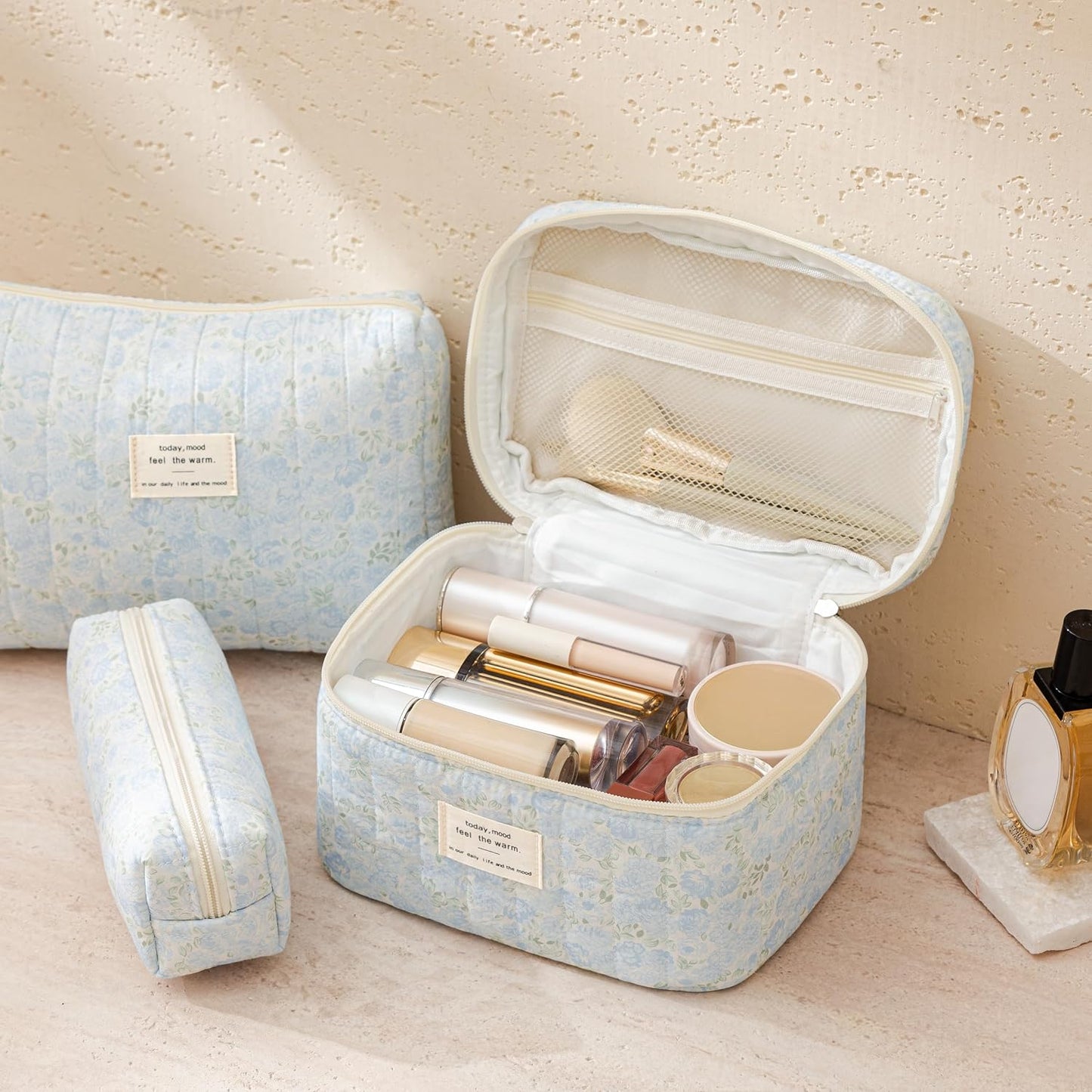 Bolsa maquillaje acolchada 3 pzas algodón grande floral