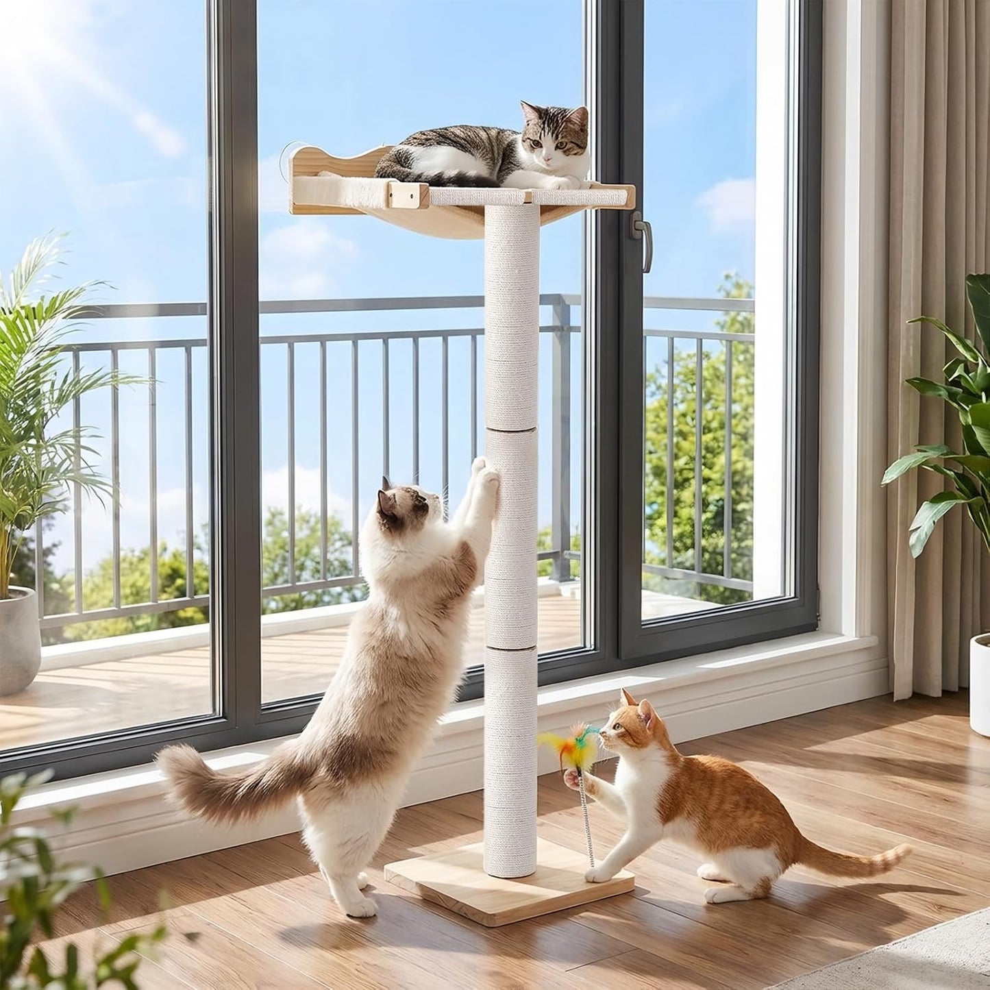 Percha para gato con poste rascador 44pulg hamaca ventosa 33lb