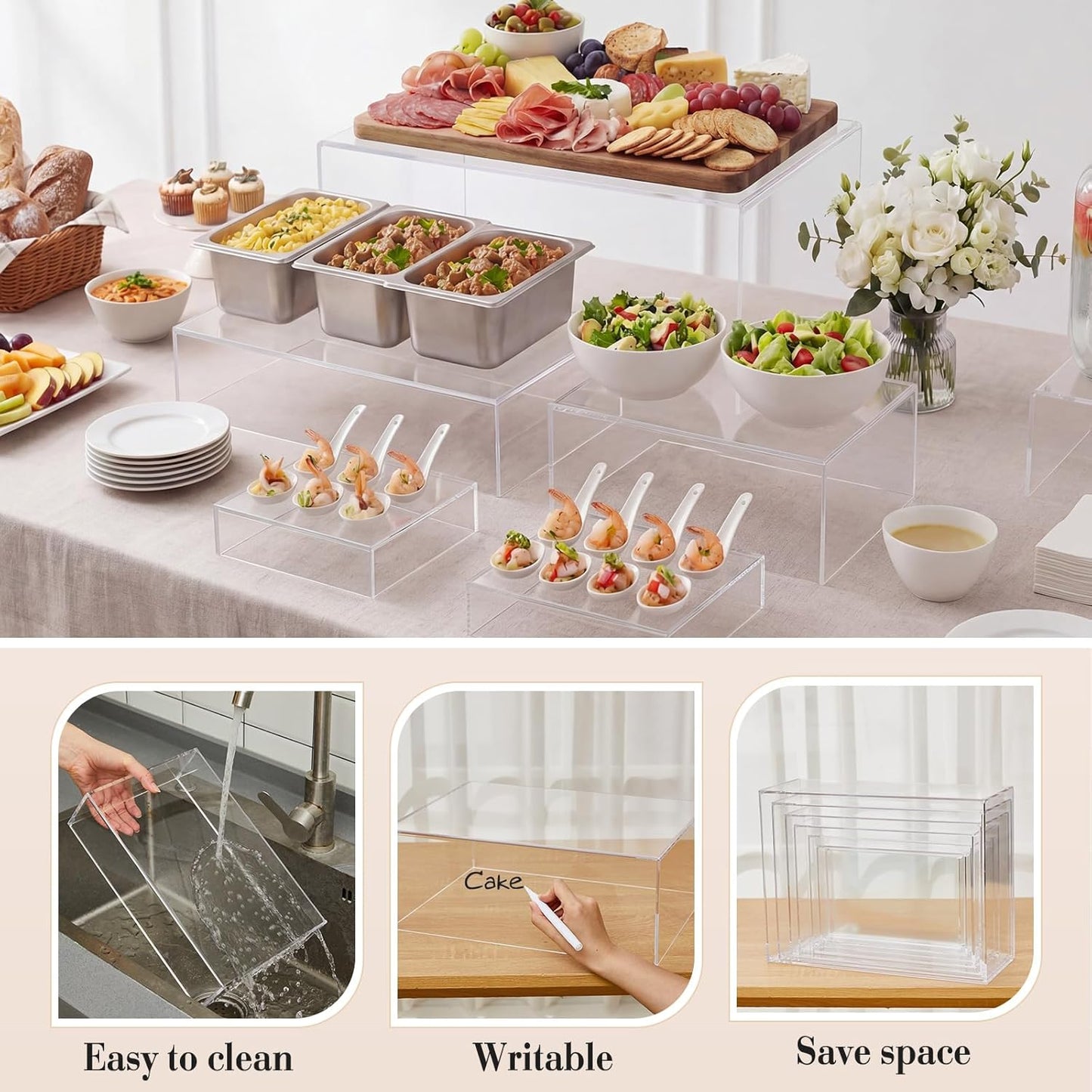 Juego de 5 elevadores de buffet extra grandes de acrílico para catering