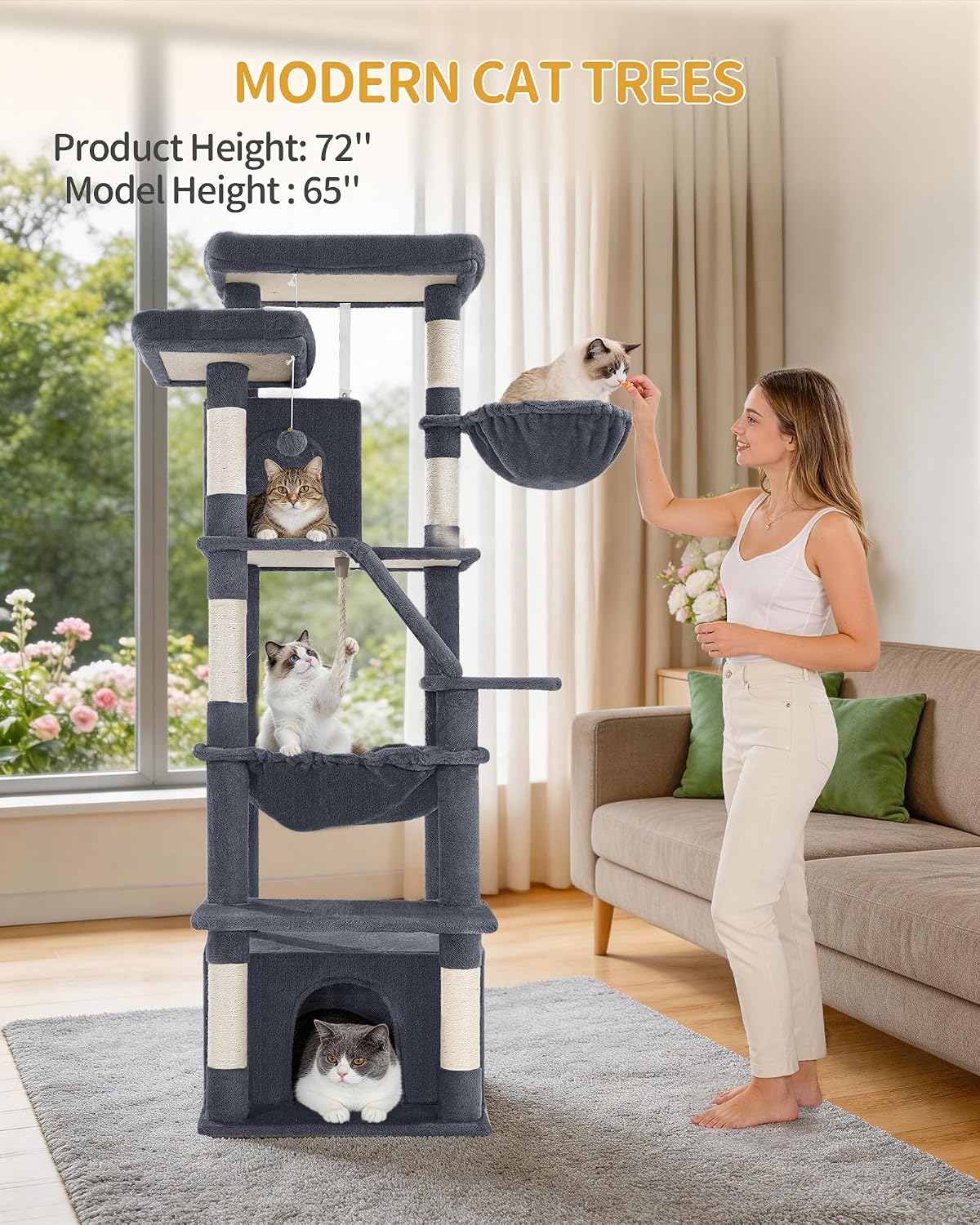 Torre para gatos de 72pulg 2 plataformas 6 gatos