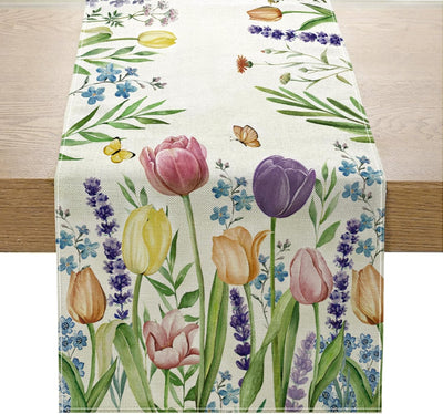 Camino de mesa tulipanes primavera 13 x 72 pulgadas hojas verdes lavanda