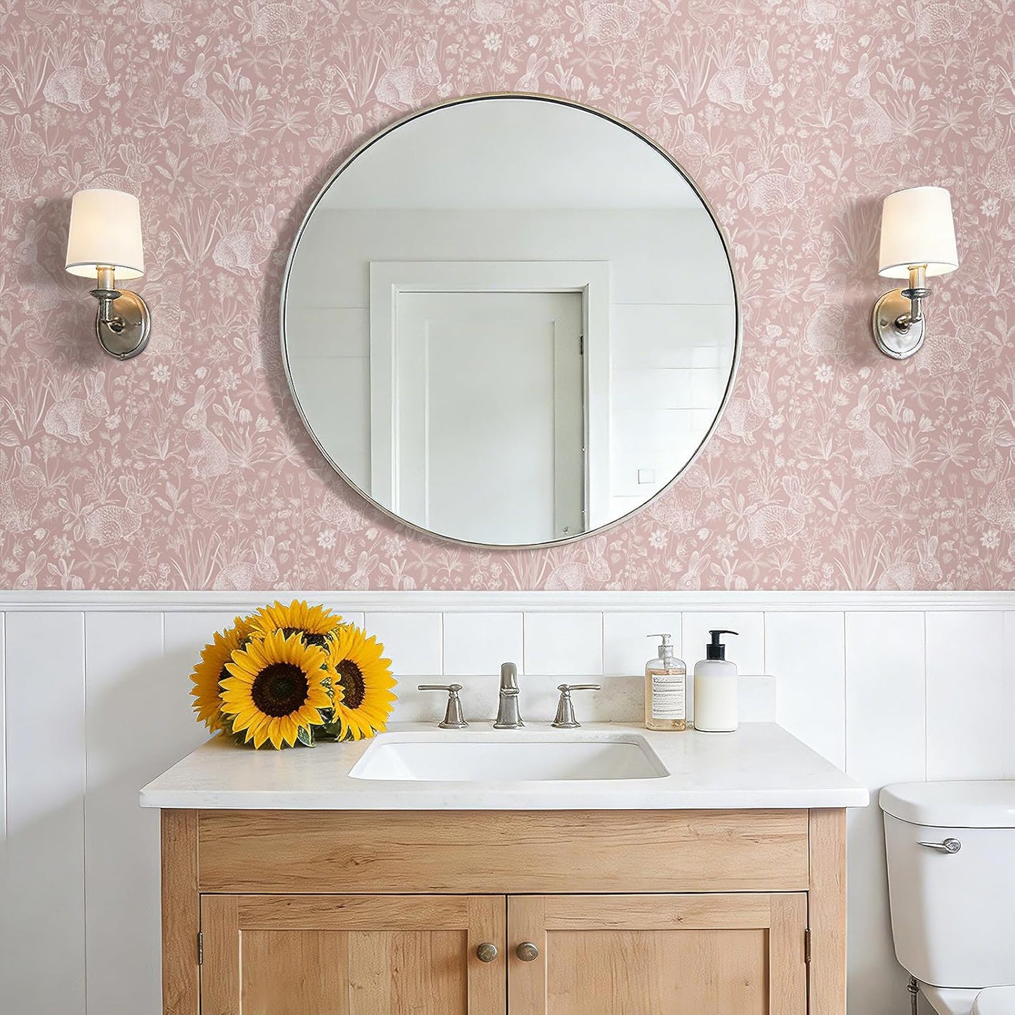 Papel tapiz conejito rosa vintage floral para niños