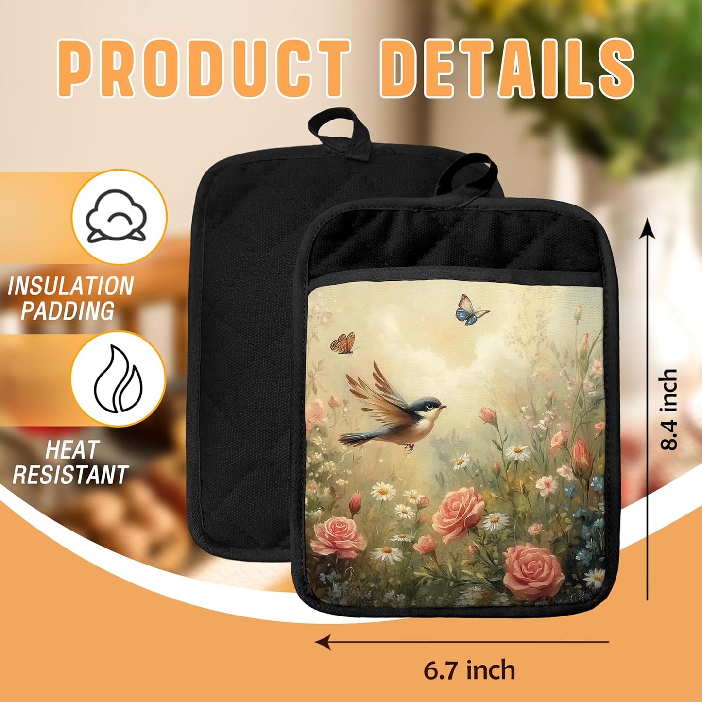 Porta Ollas Florales Rusticas con Bolsillos para Cocina