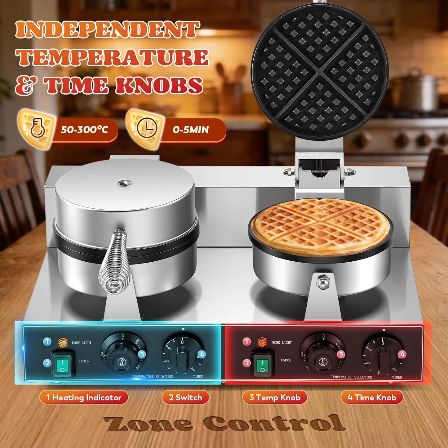 Máquina gofres comercial 2000W doble cabezal acero inox