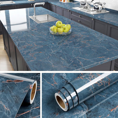 Papel Tapiz Adhesivo Mármol Brillante Impermeable Azul y Marrón