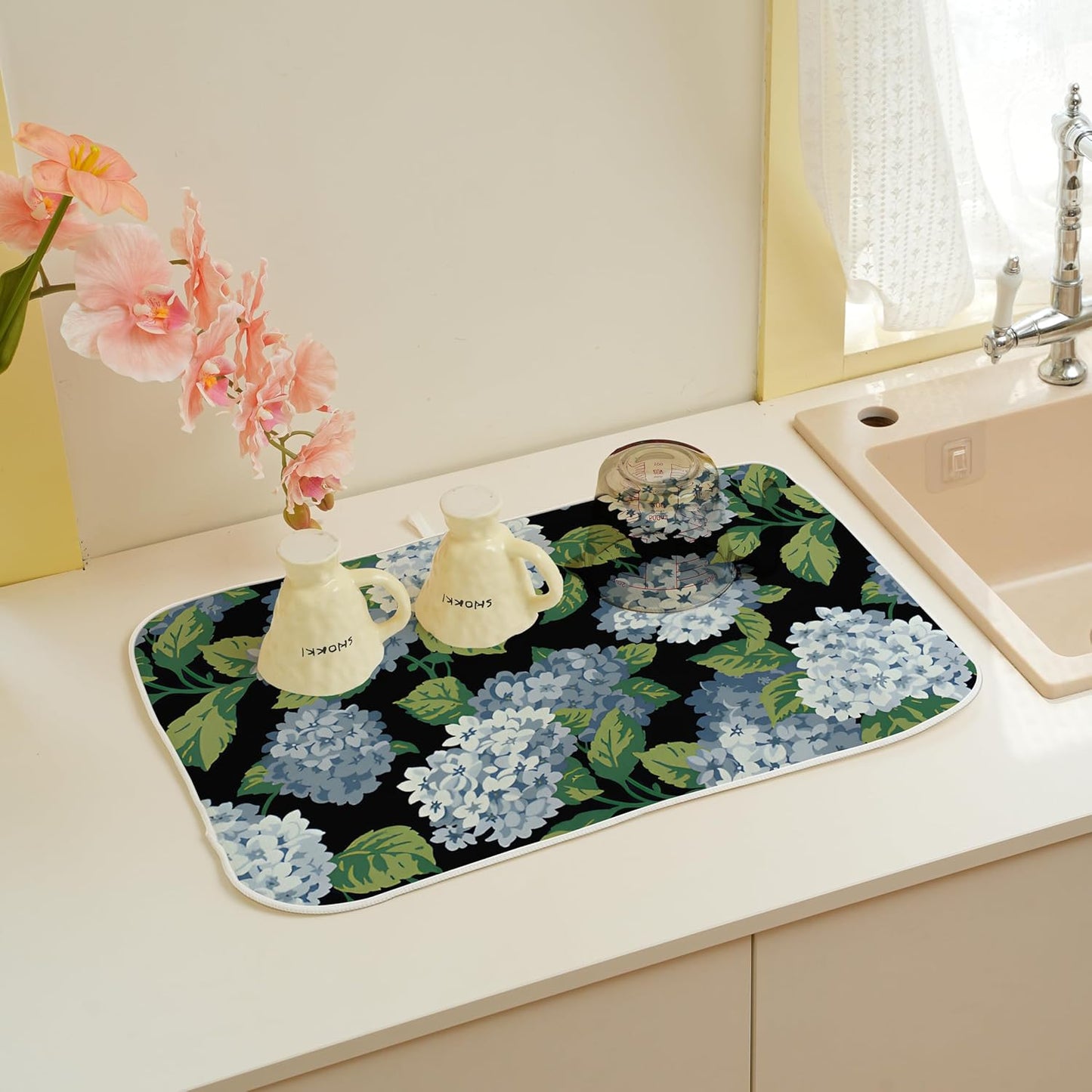 Tapete secado platos 18x24pulg floral hortensia