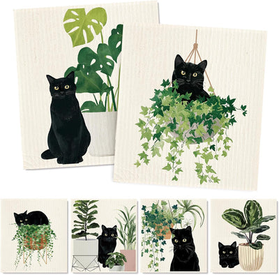 Toallas de cocina reutilizables Whaline con estampado de gato negro 7 x 8 pulgadas