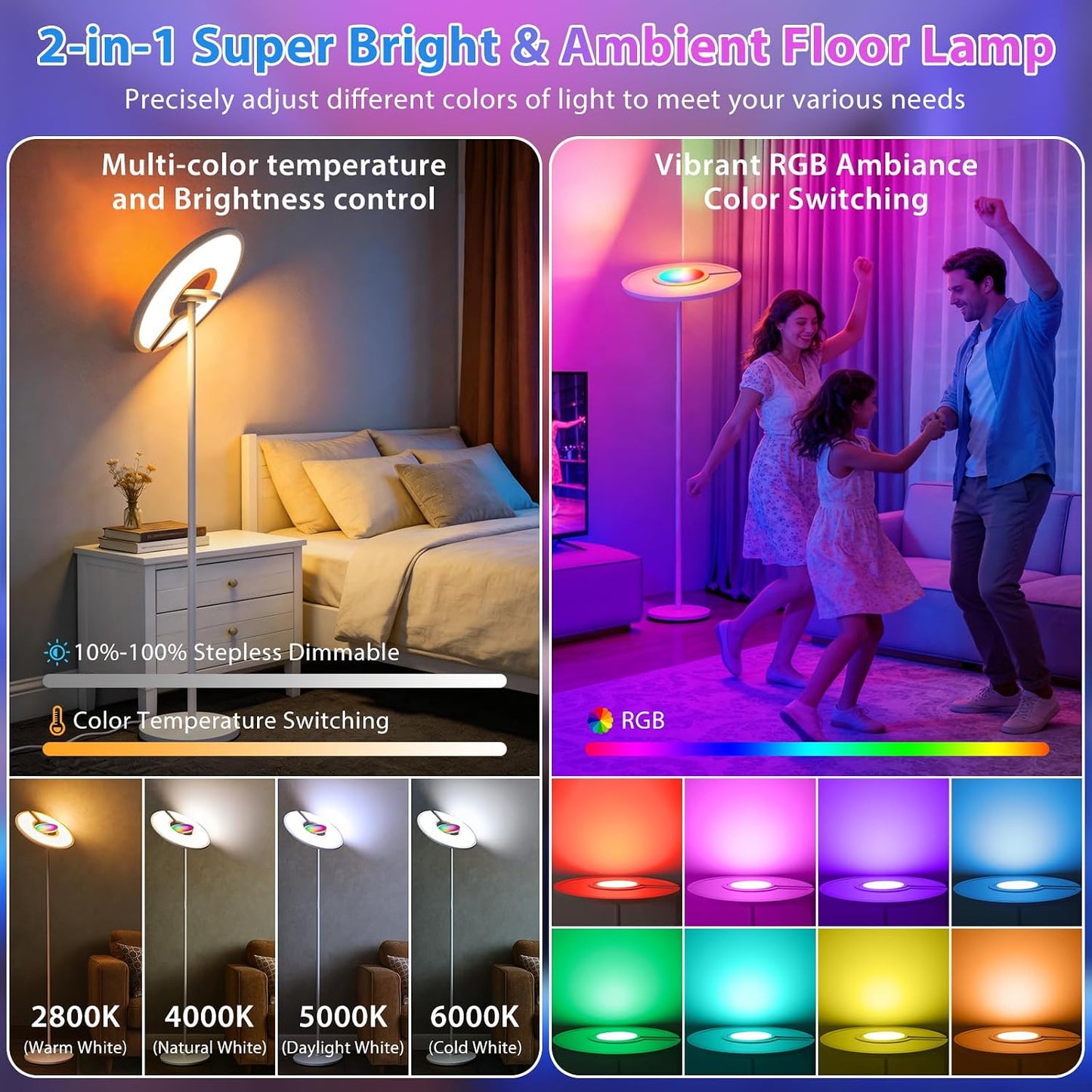 Lámpara piso RGB 76pulg ajustable 2800-6000K