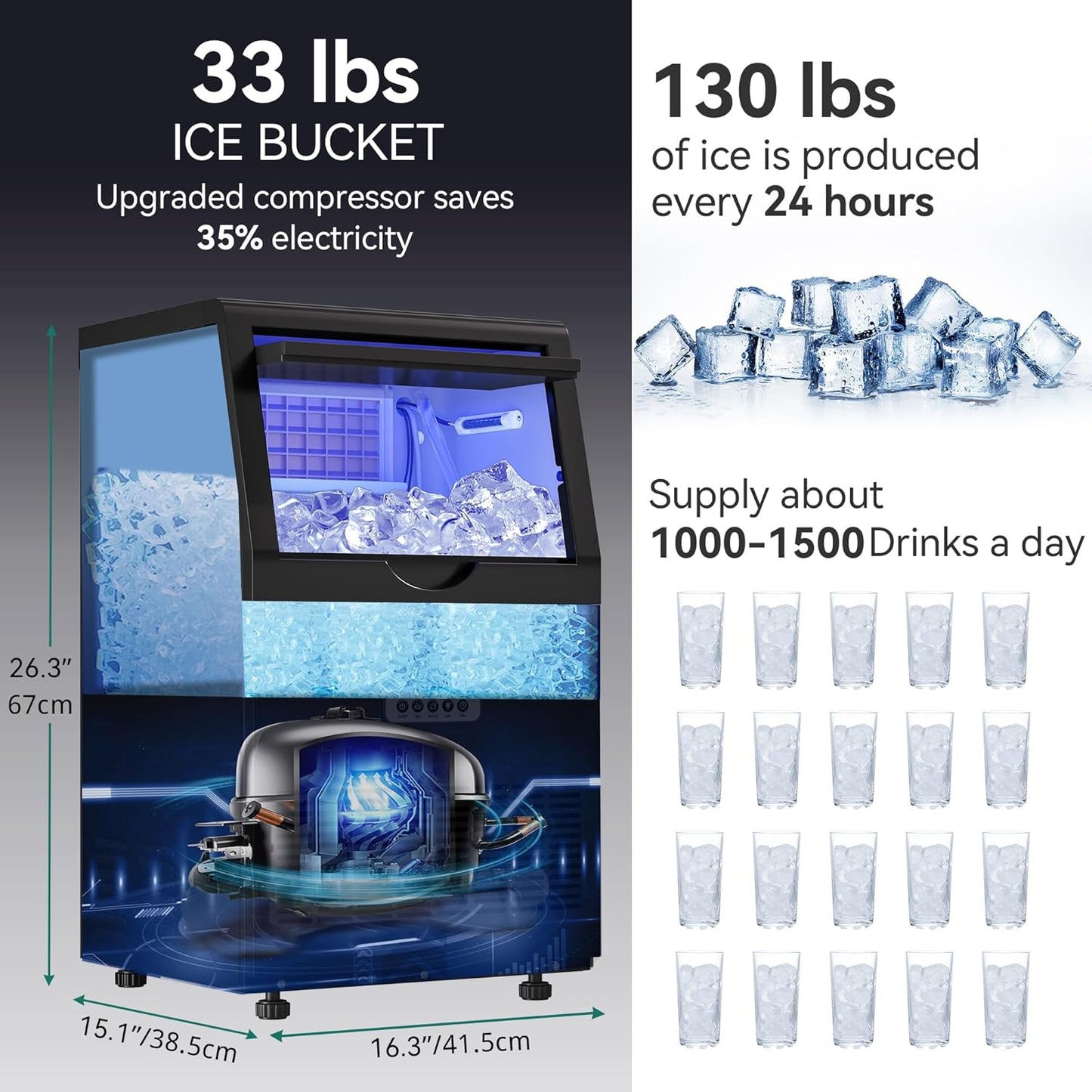 Máquina hielo negro 130lb bajo encimera certificada ETL