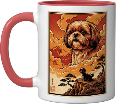 Taza de cerámica para perro Shih Tzu meme vintage japonesa roja/blanca