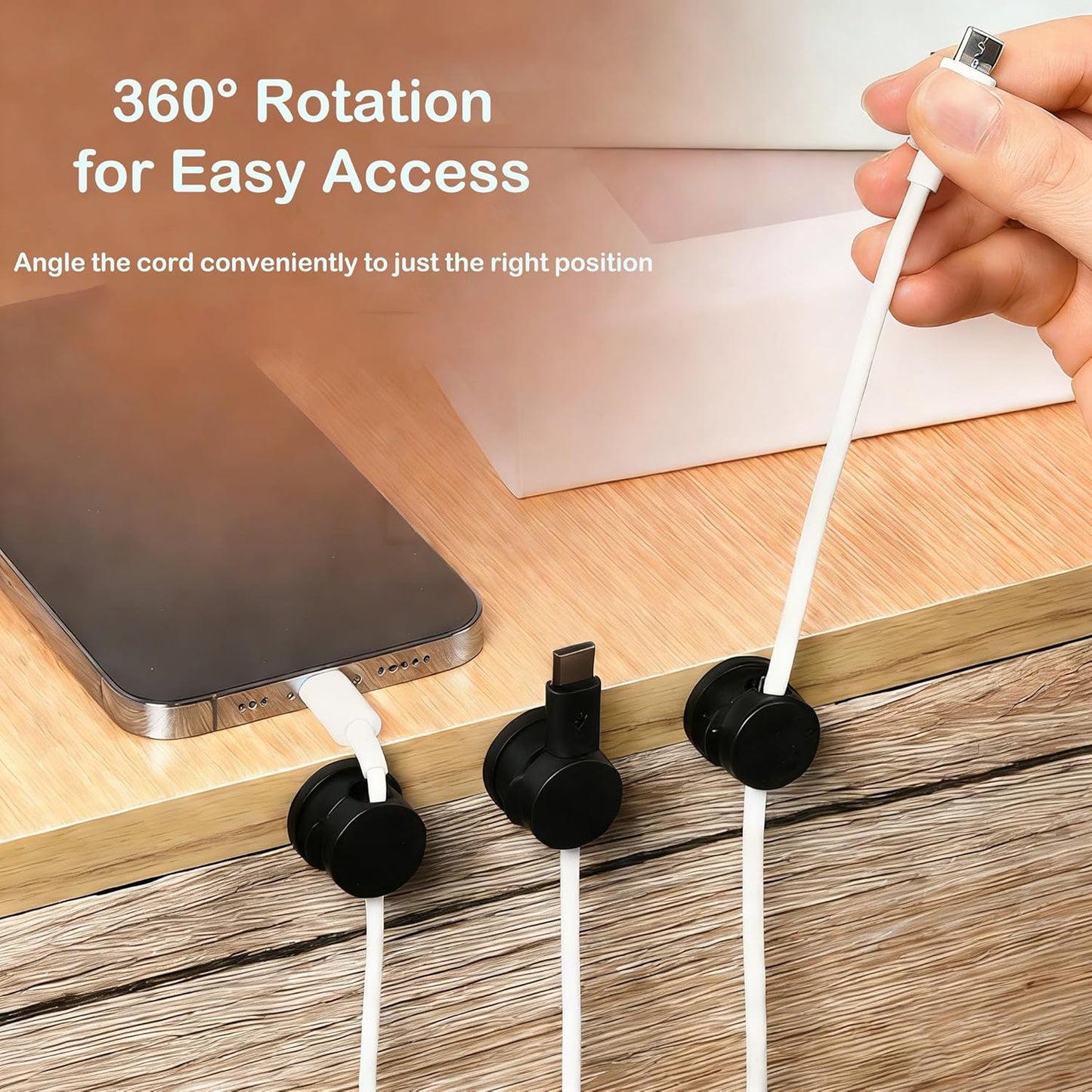Soporte cables giratorio 360° con clips adhesivos negro