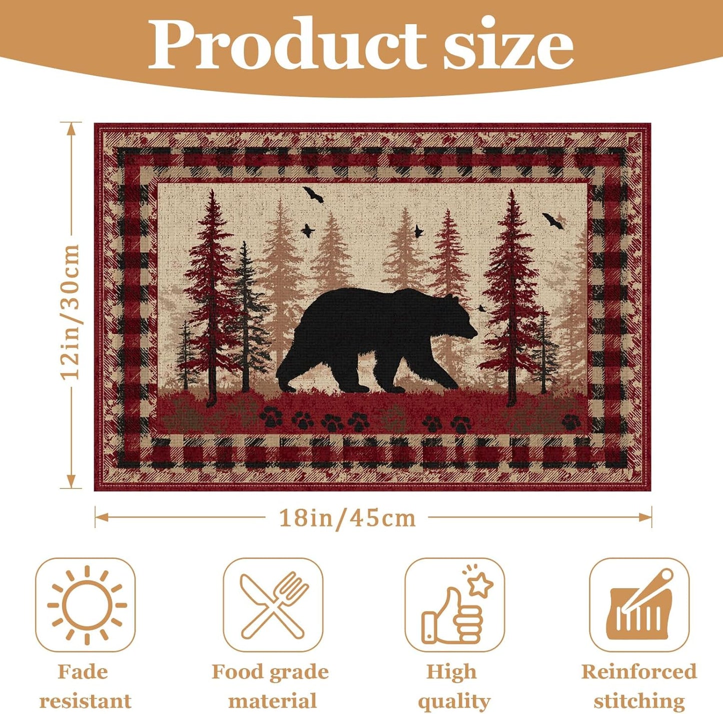 Placemats rustica rojo plaid de oso bosque set de 6 no resbaladizos resistente al calor lavables