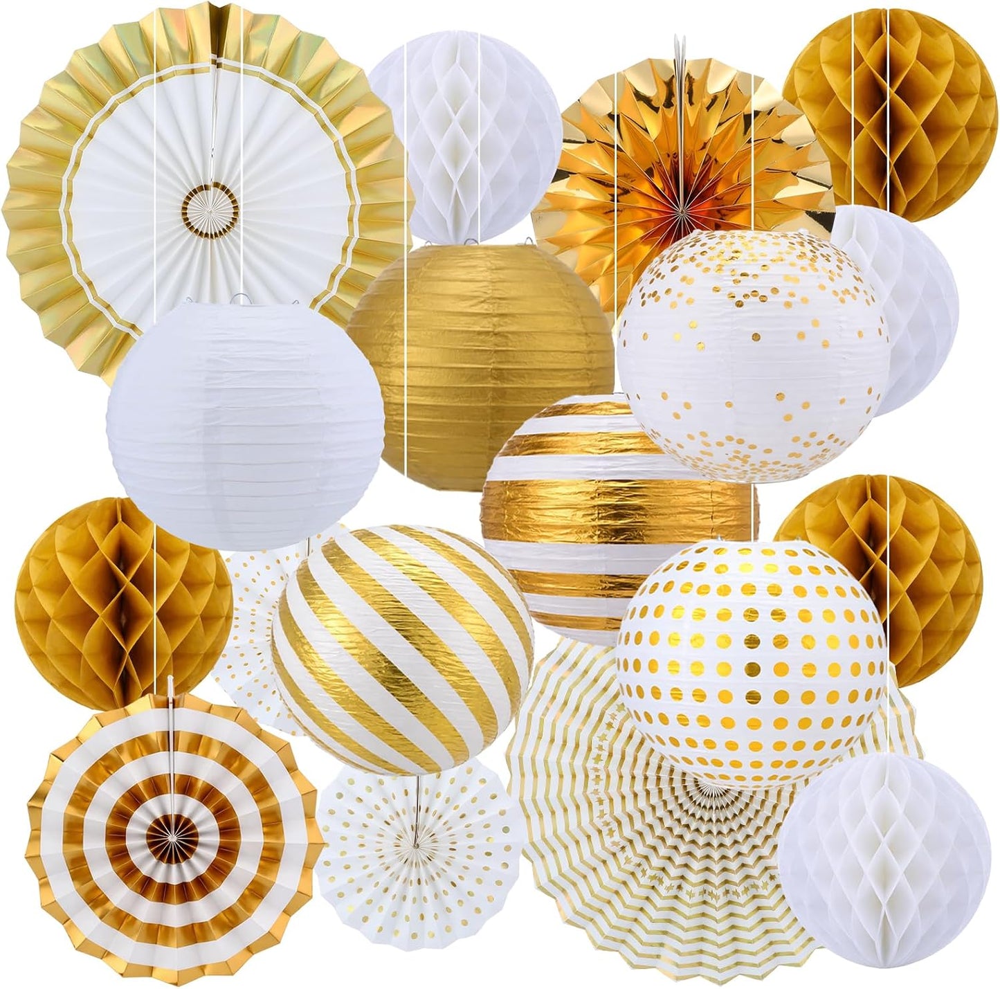Set 18 Pzas Decoración Fiesta Oro Metálico Faroles Bolas Panal