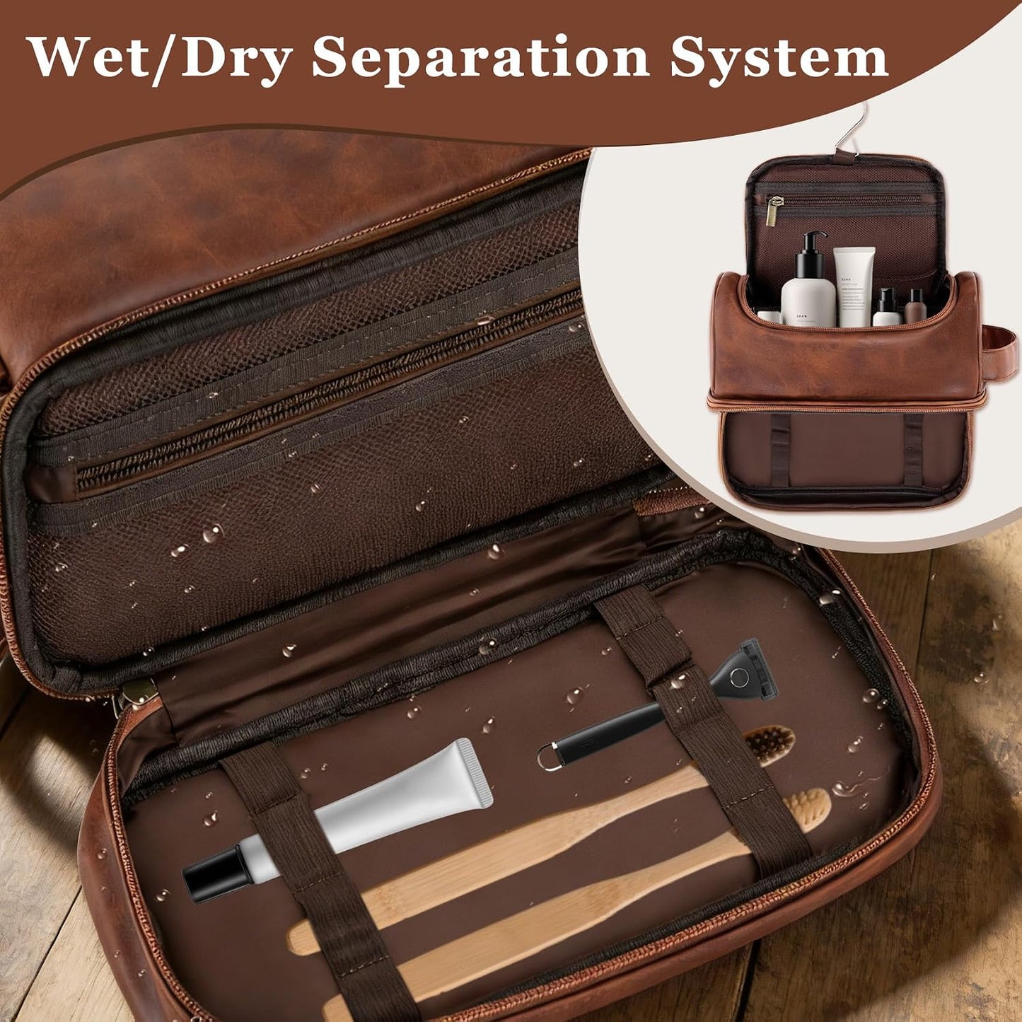 Neceser colgante piel sintética para hombre marrón