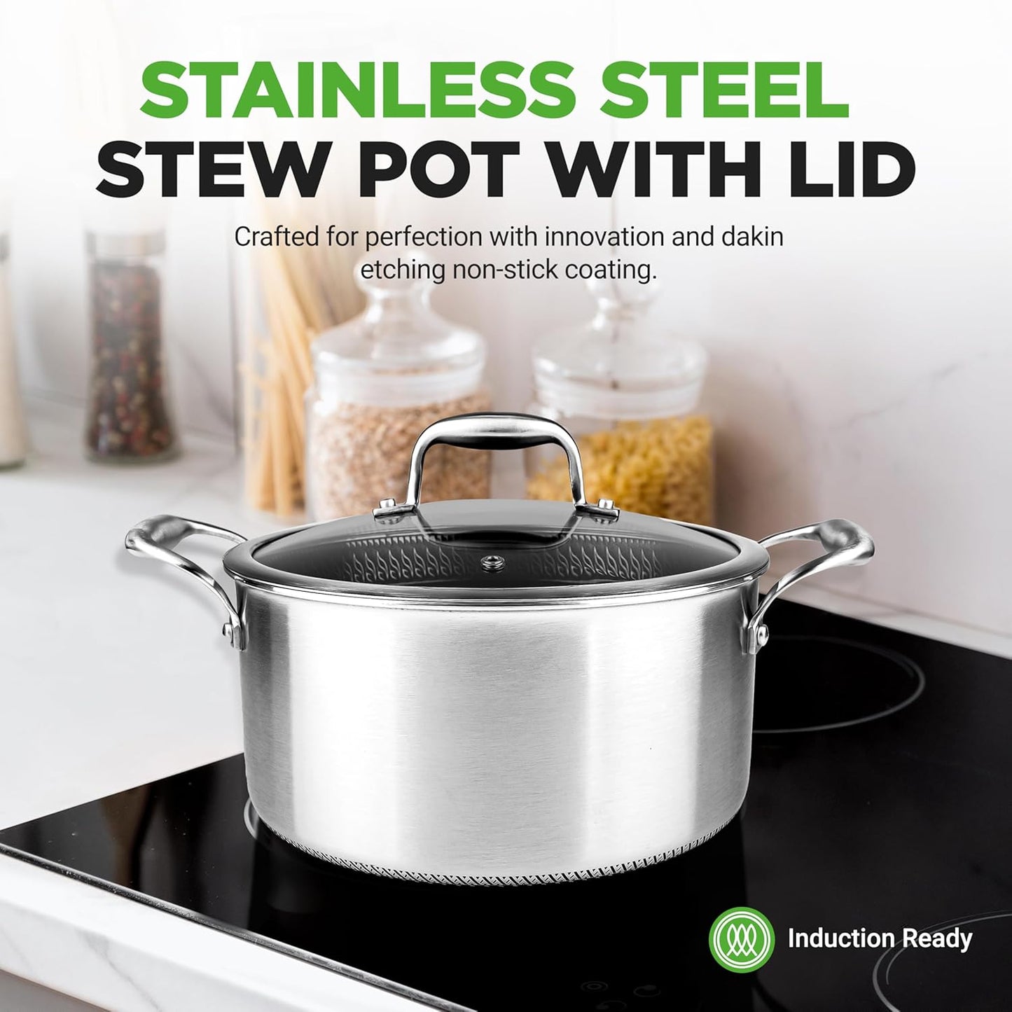 Olla estofado acero inox 5qt con tapa vidrio antiadherente