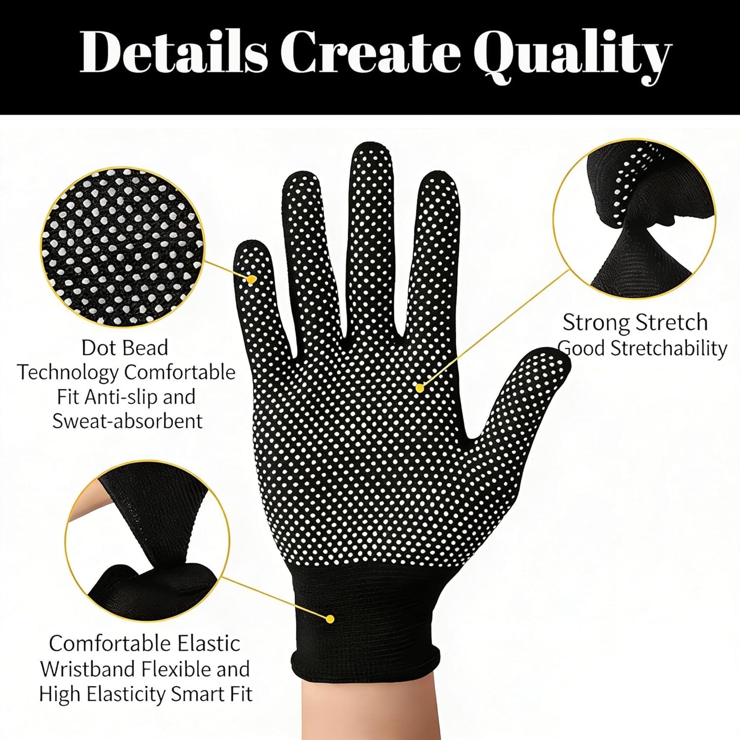 6 Pzas Guantes Trabajo Antiderrapante Algodón Elástico Negro
