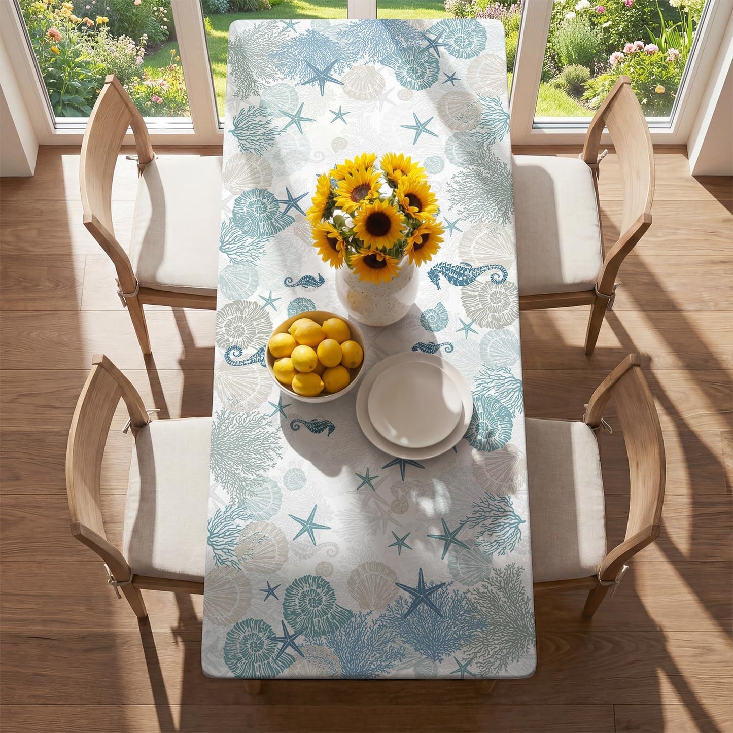 Mantel de verano ajustable rectangular 72 x 30 pulgadas diseño náutico playa estrellas de mar conchas marinas funda lavable