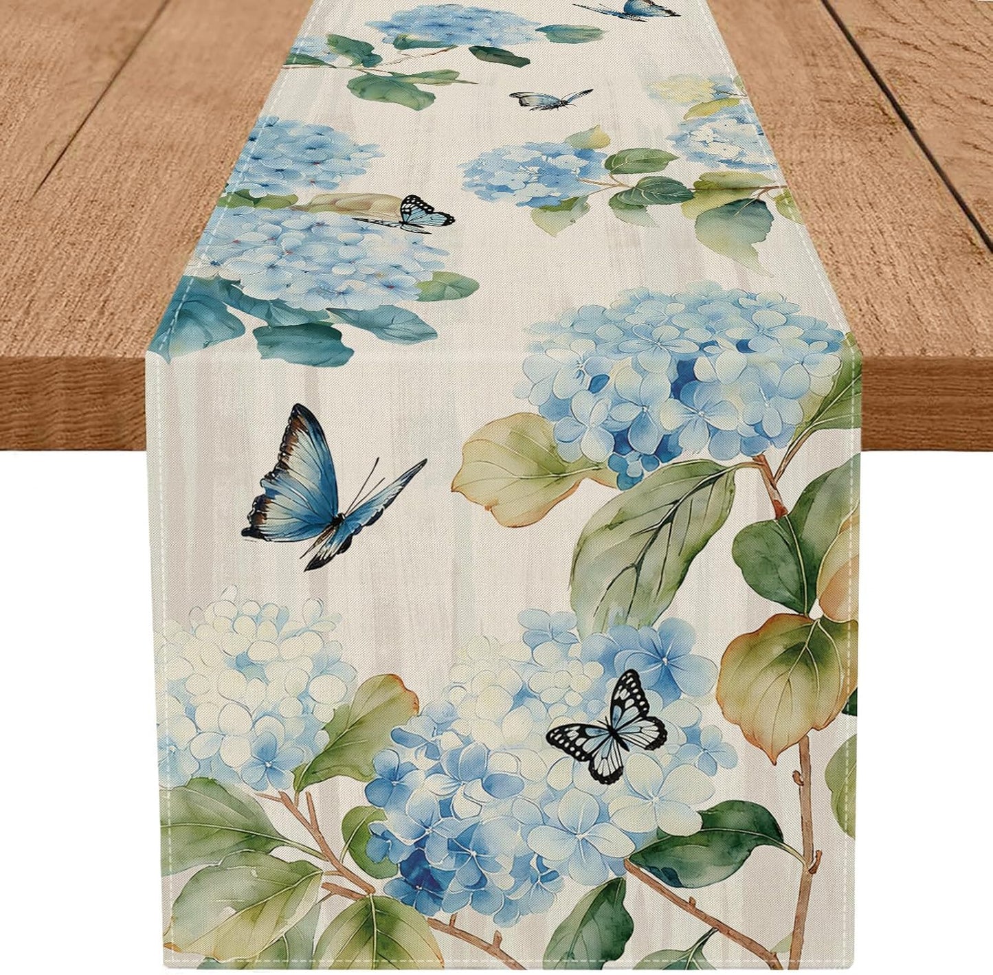 Camino de mesa primaveral con hortensias para decoración de vacaciones