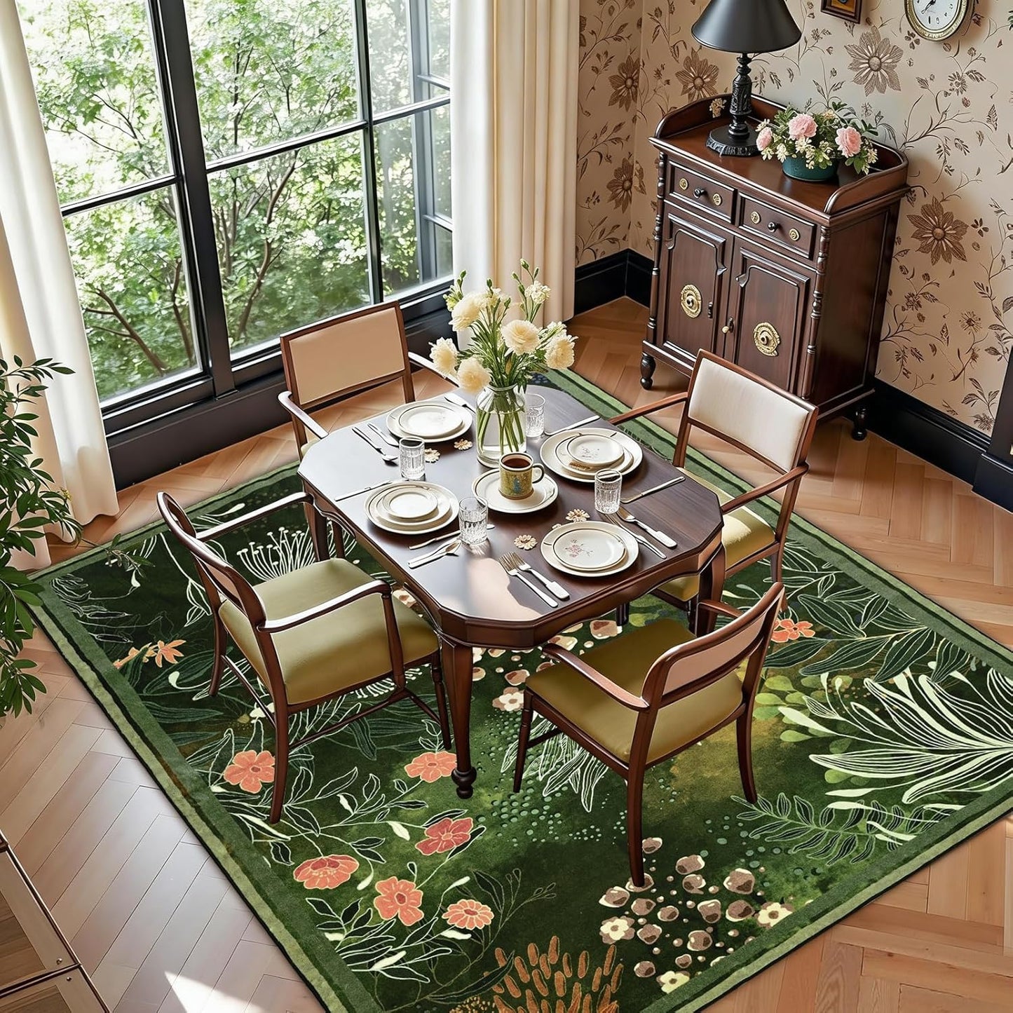 Alfombra bohemia 5x7ft sala dormitorio antideslizante verde