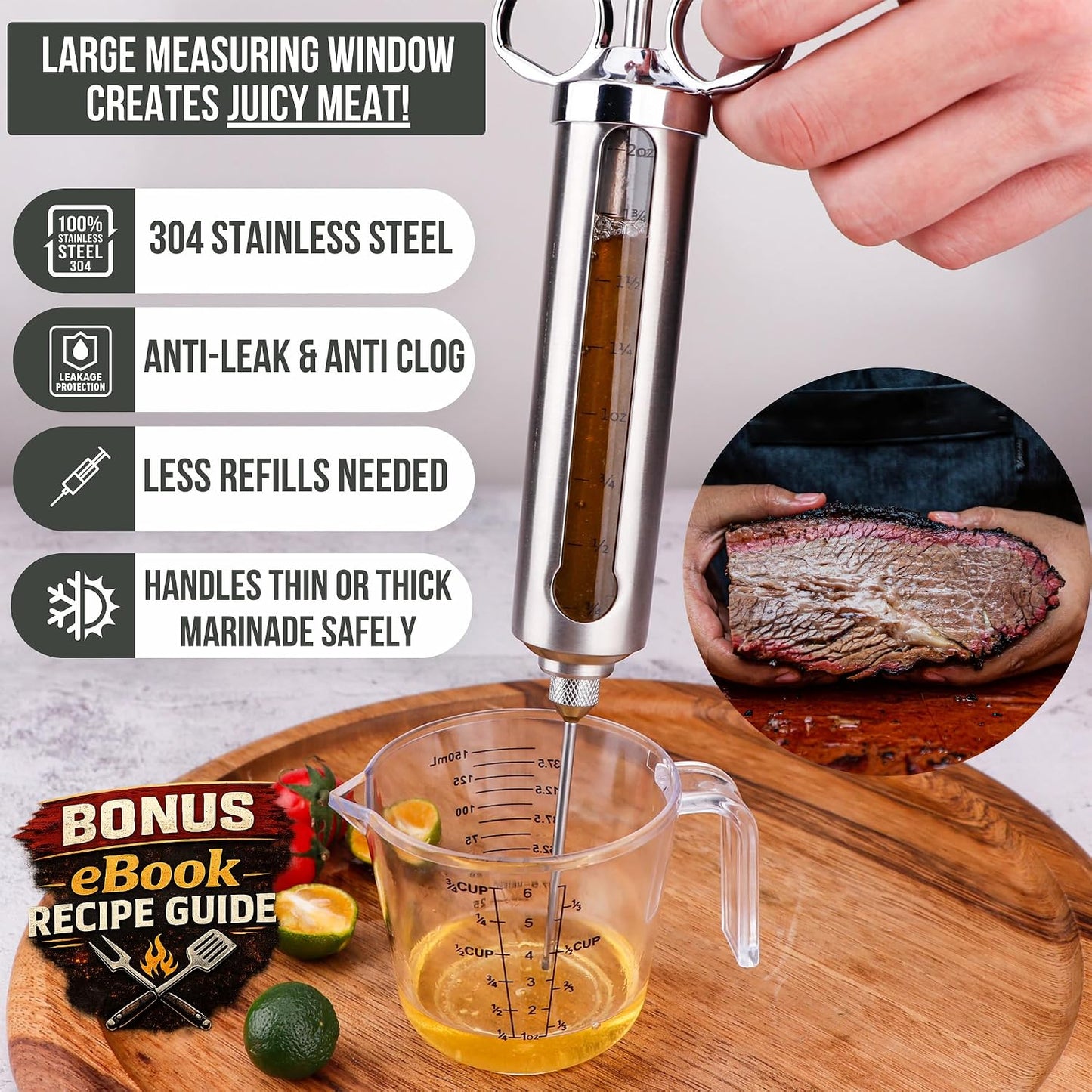 Kit jeringa inyector carne ahumar asar 2oz acero inox