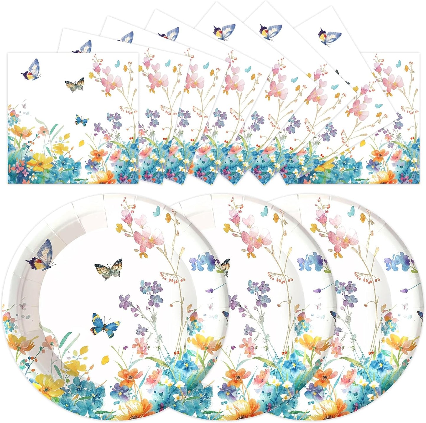 Platos de papel con flores silvestres y servilletas para fiestas de primavera y verano