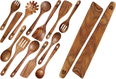 Set 13 Pzas Cucharas Madera Teca para Cocina con Mango Anatómico