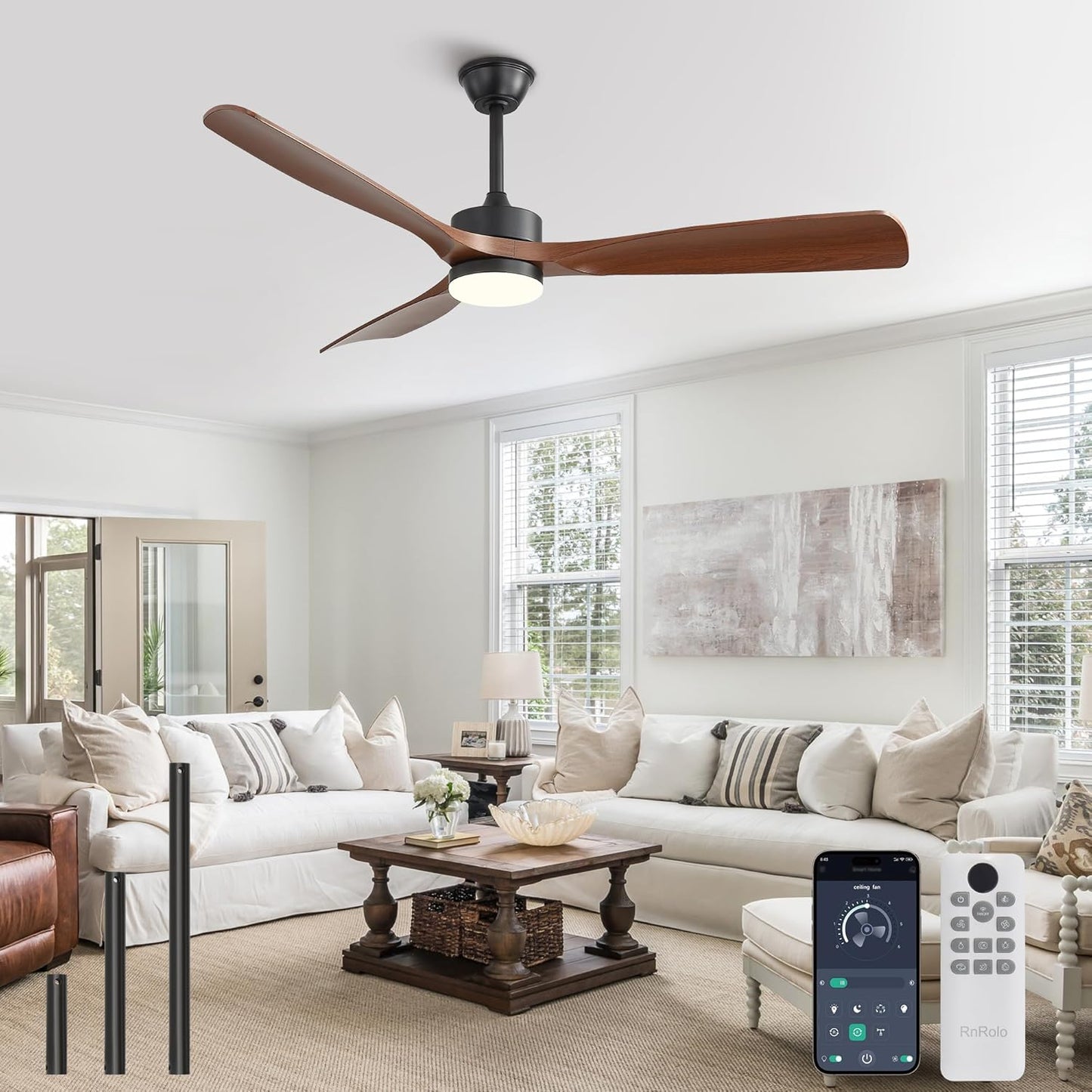 Ventilador techo 60pulg luz control APP 3 tonos 6 vel