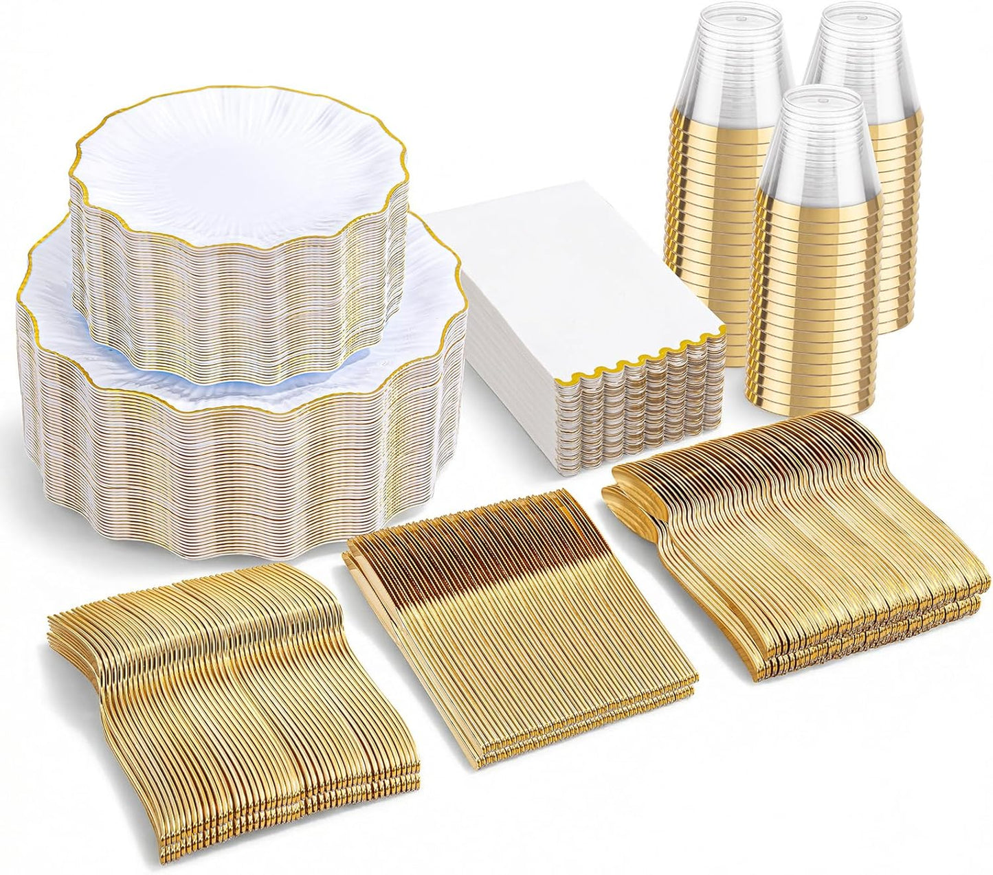 Set 350 Pzas Platos Plástico Blanco Oro para 50 Invitados