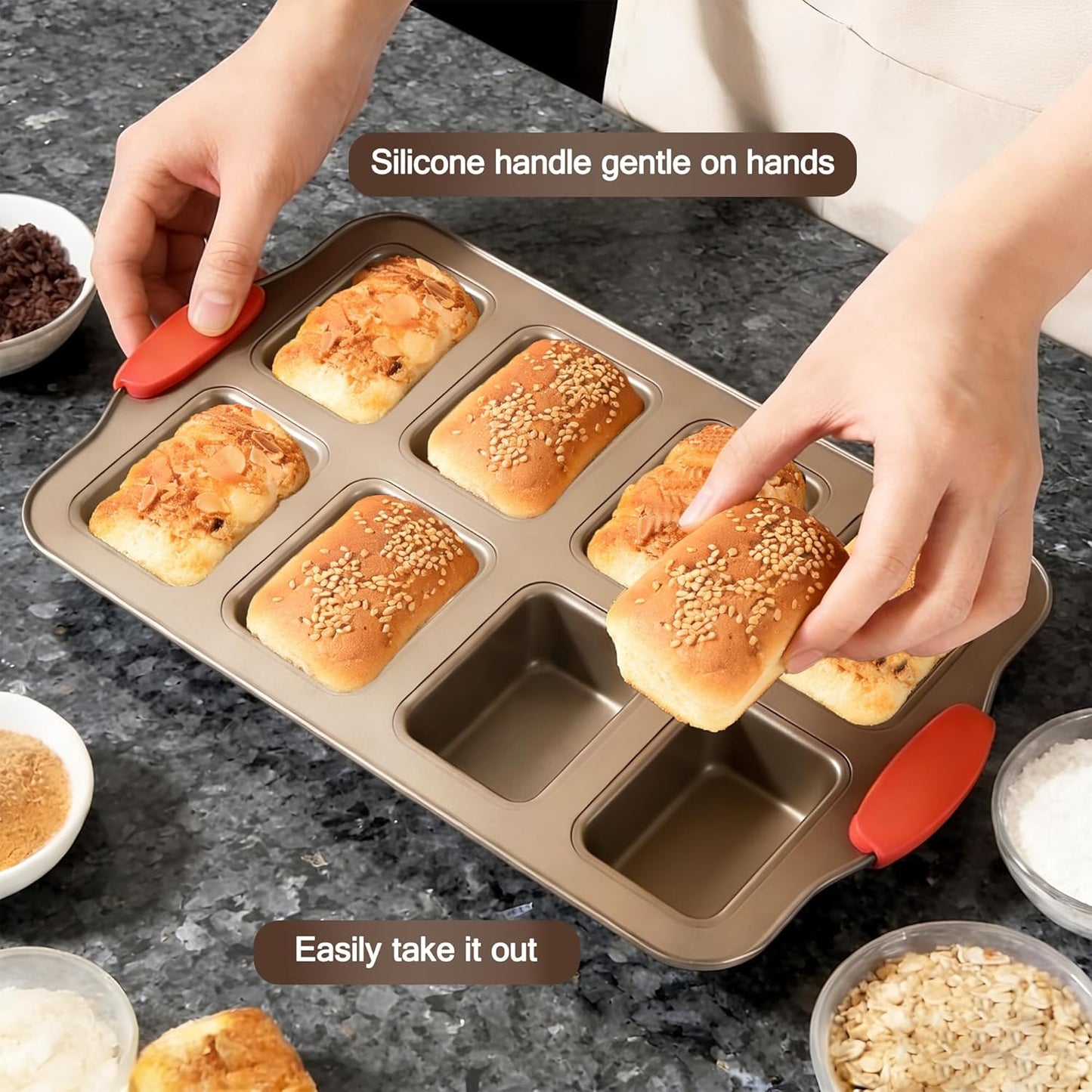 Mini molde para pan de 8 cavidades con mango de silicona