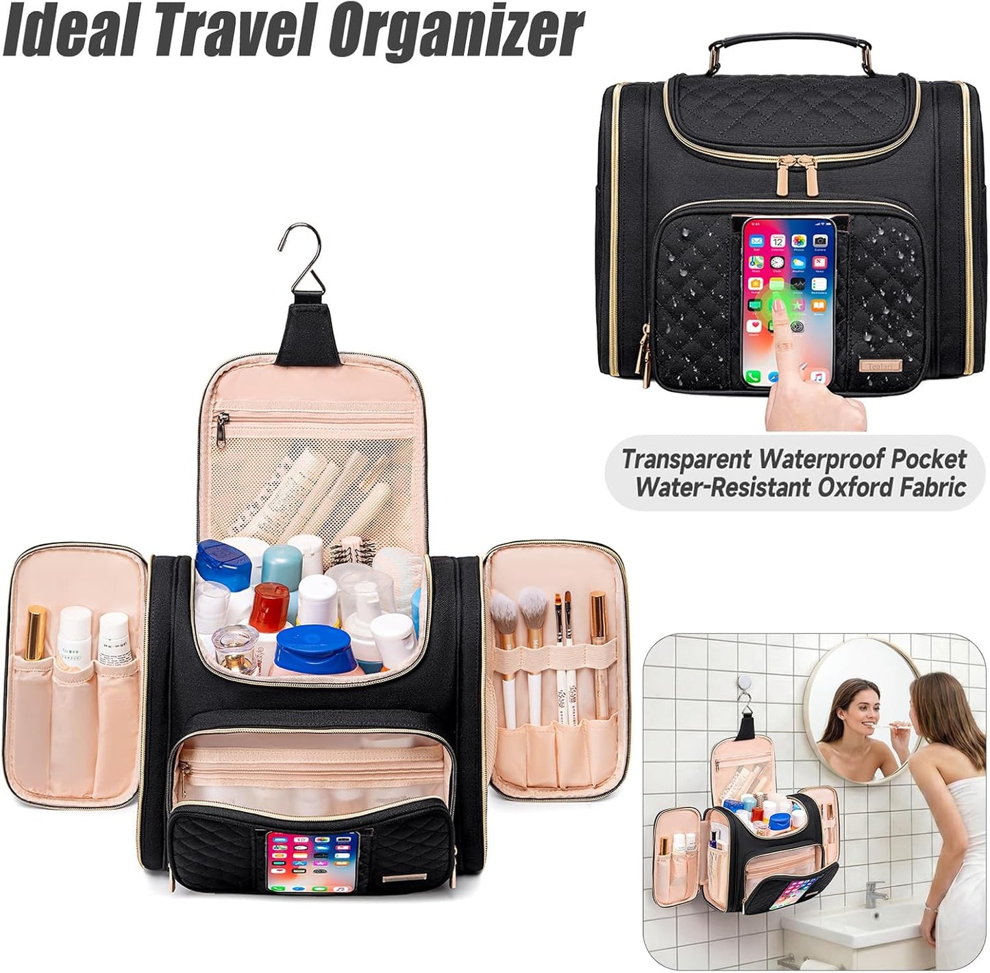 Neceser grande para viaje con bolsillo transparente