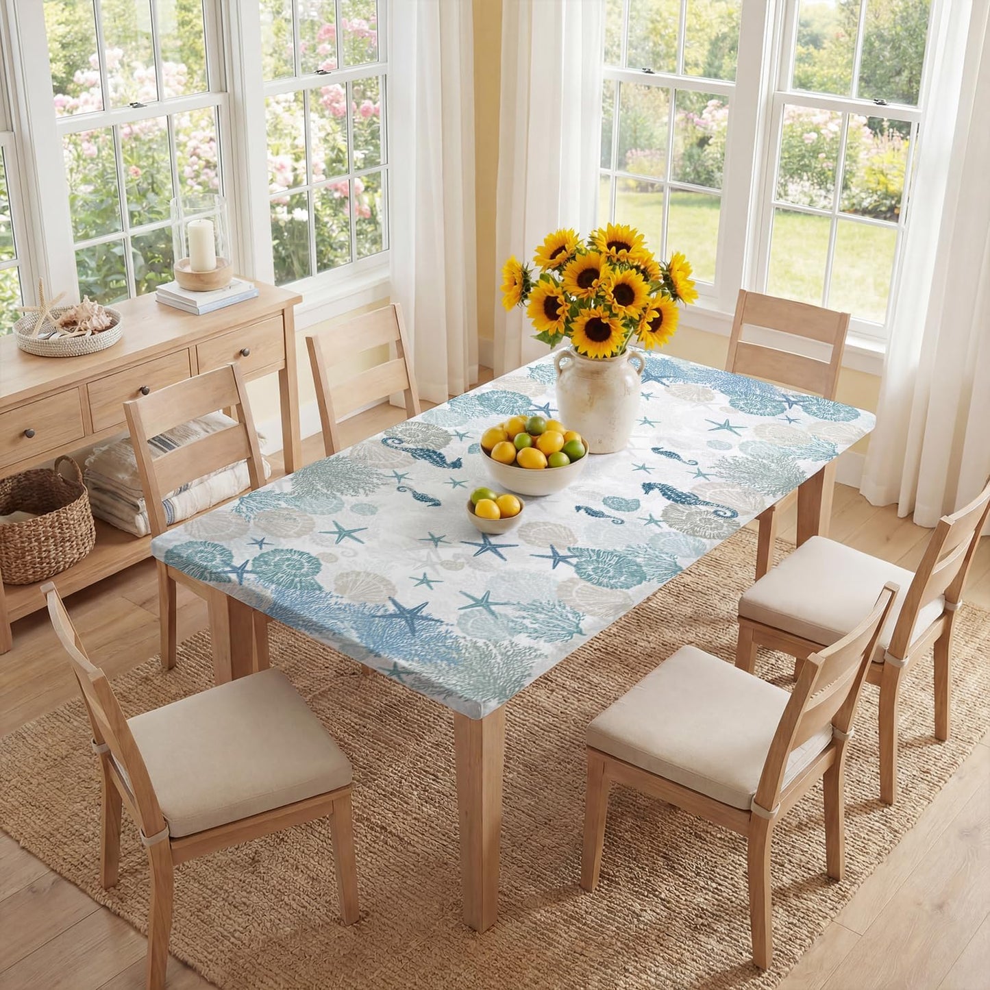 Mantel de verano ajustable rectangular 72 x 30 pulgadas diseño náutico playa estrellas de mar conchas marinas funda lavable
