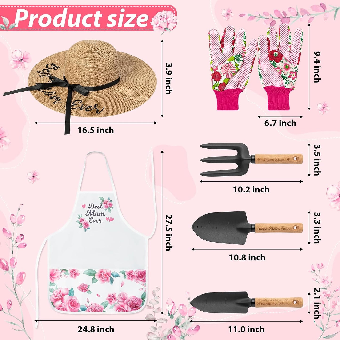 Juego jardinería con rastrillo, pala, delantal y sombrero