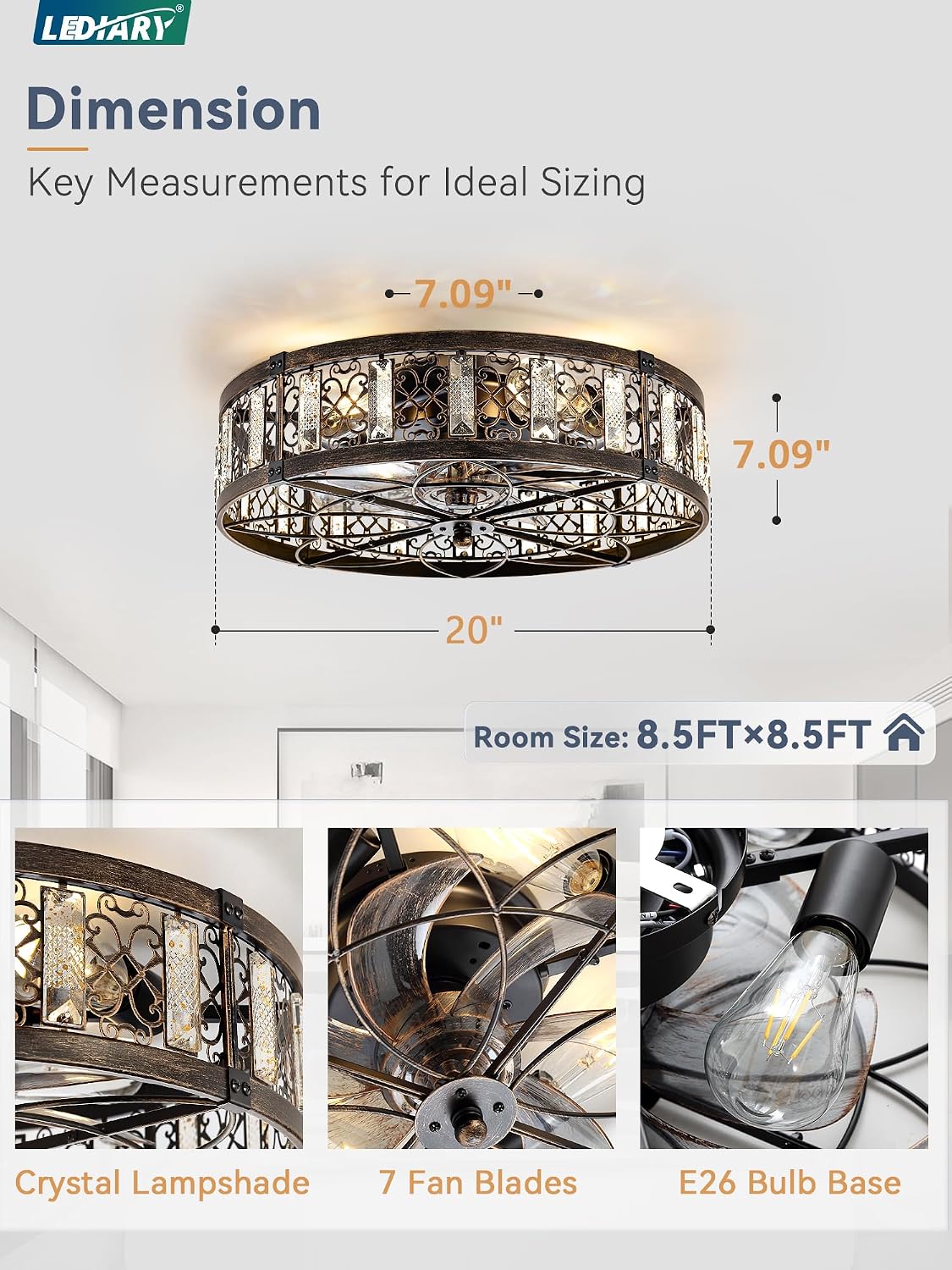 Ventilador techo enjaulado 20pulg candelabro cristal rústico
