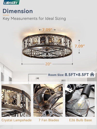 Ventilador techo enjaulado 20pulg candelabro cristal rústico