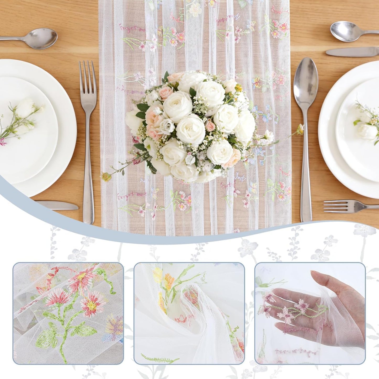Camino mesa floral tul bordado 10ft primavera verano