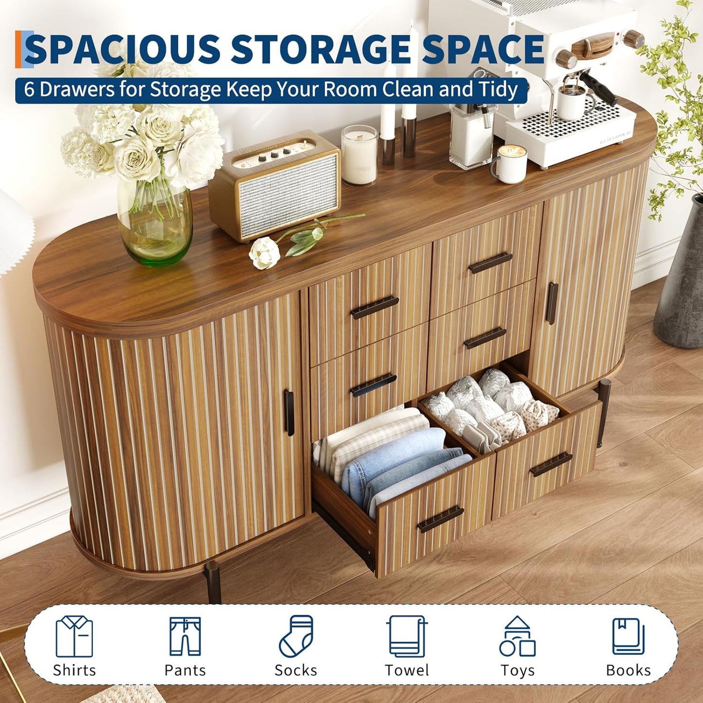 Armario buffet moderno 59pulg mármol sintético 2 puertas 6 cajones