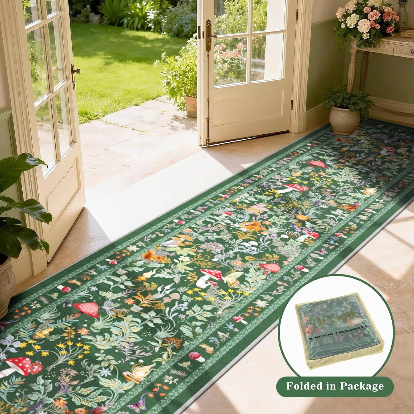 Alfombra pasillo botánica 2x10ft antideslizante lavable