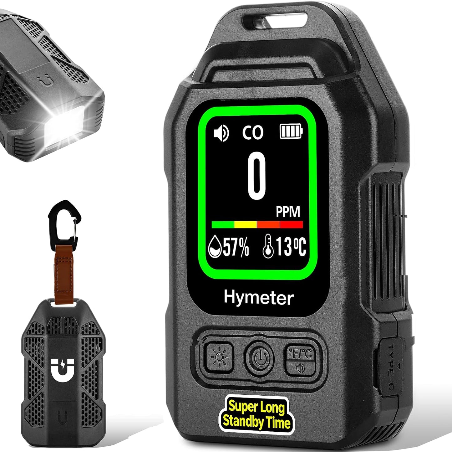 Detector CO portátil 3en1 con alarma temp y humedad