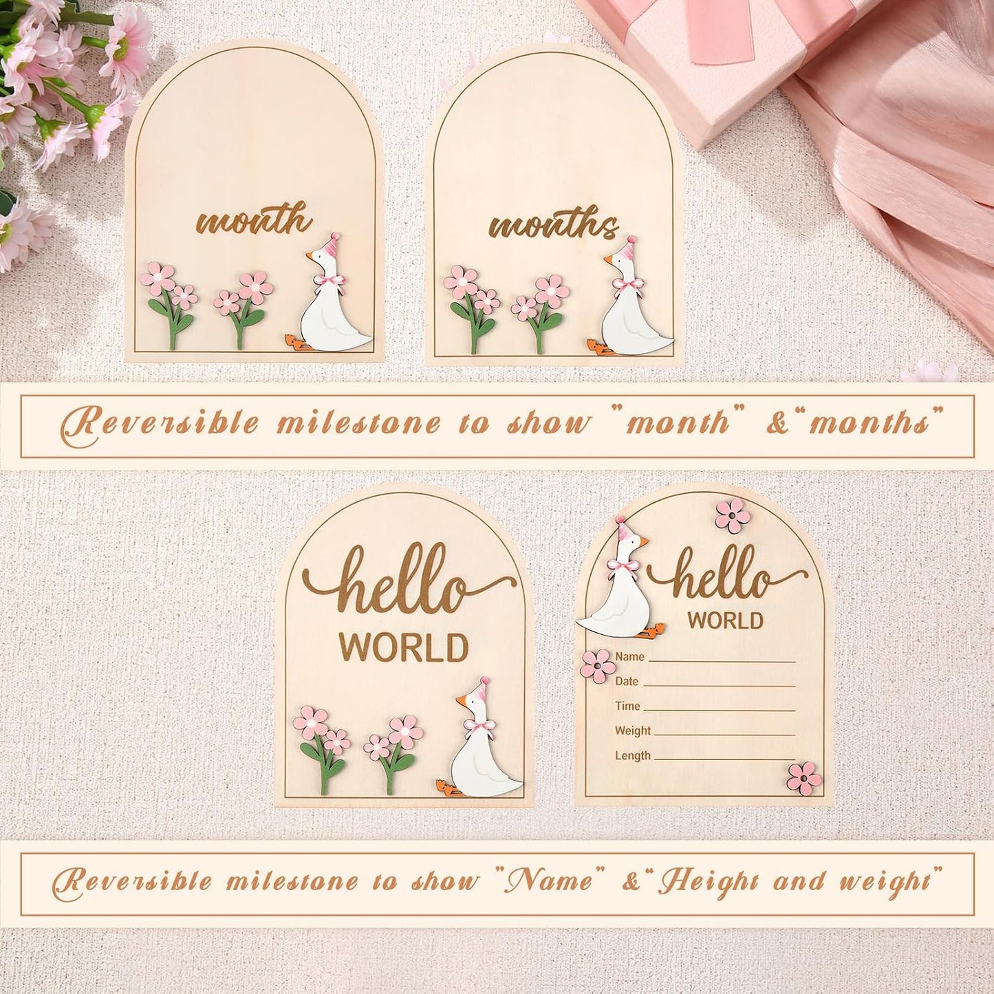 2 Tarjetas Bebé Lazo Rosa Madera Accesorios Fotografía