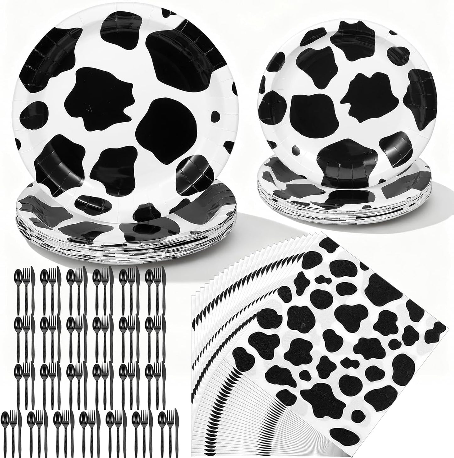 Juego de 150 platos y servilletas de vaca con cuchillos, tenedores y cucharas de plástico para fiestas